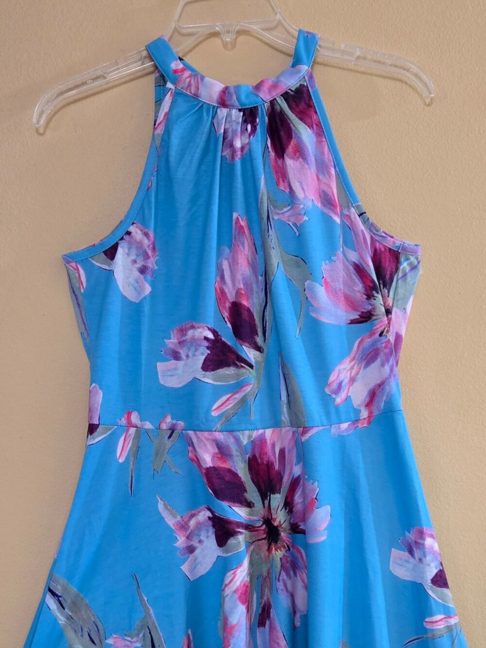 Sky Blue Pink Floral Halter Neck Dress Fit & Flare Summer Sundress L